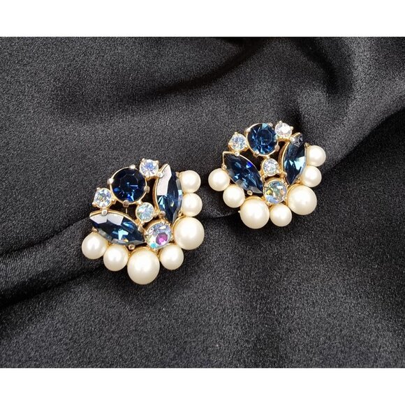 Rare Find Vintage 1930s Elsa Schiaparelli Clip-On Earrings W/ Blue Rhinestones - Picture 1 of 6